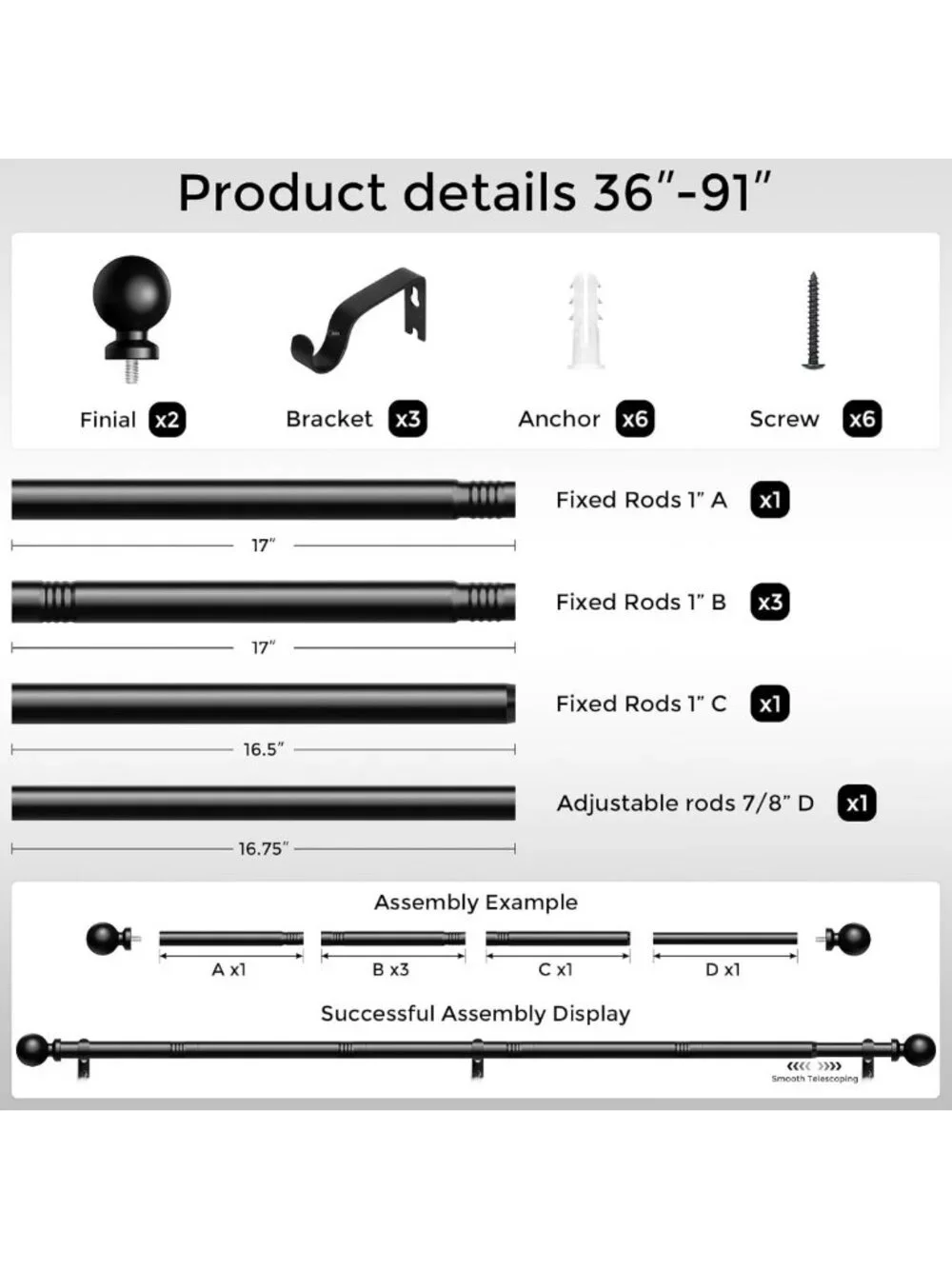 Adjustable 36-91 Inch Black Heavy Duty Curtain Rods for Modern Window Treatments
